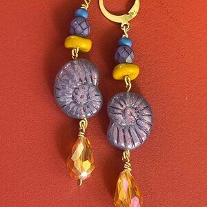 Ammonite Shell Fossil Long Dangle Earrings | Czech Glass Beaded Earrings